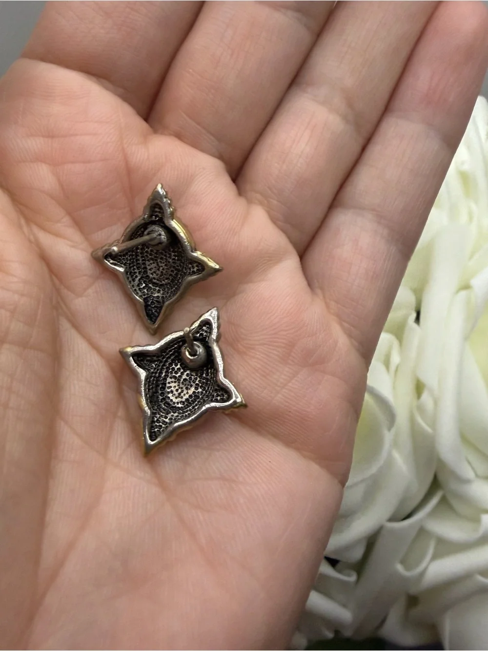 Gold-Tone Beaded Square Earrings with Black Cabochon